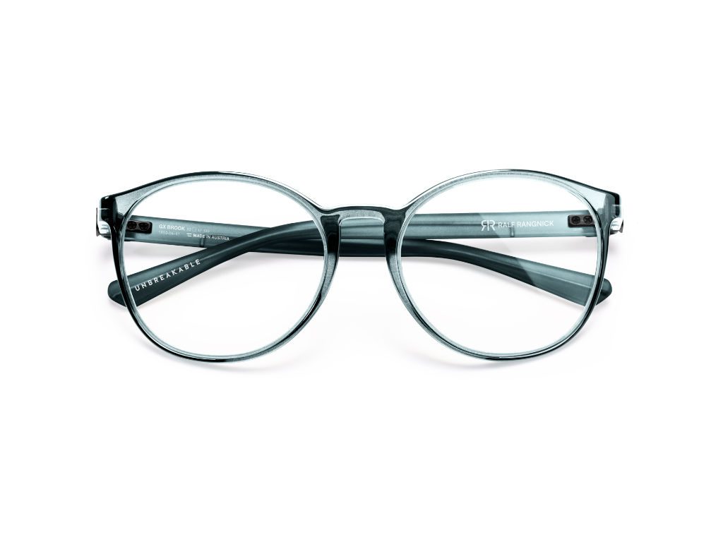 Blaue Brille von Gloryfy Unbreakable Eyewear mit Schriftzug Ralf Rangnick